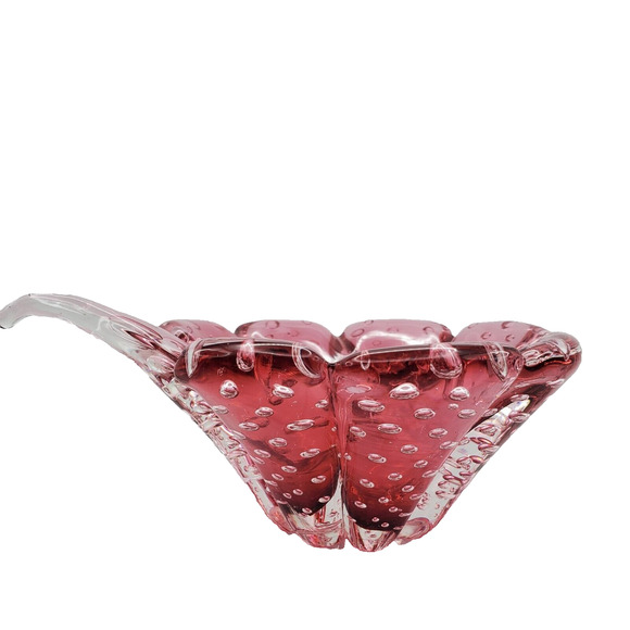 Small Murano Cranberry Art Glass Bowl Controlled Bubble Handle Dish Vintage Red - Picture 3 of 15